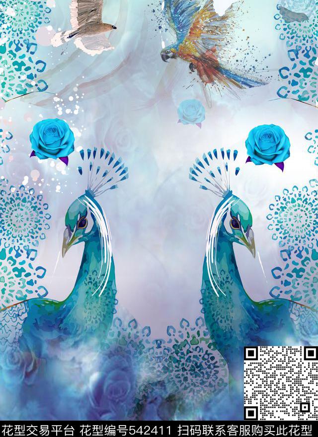 花卉孔雀手绘数码印花华亿平台下载（图片编号: 542411） - 瓦栏（Walan）