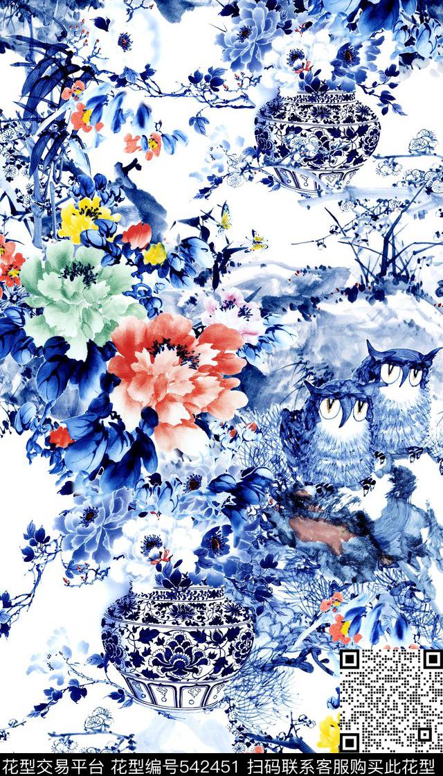 中国风青花瓷花卉数码印花华亿平台下载（图片编号: 542451） - 瓦栏（Walan）