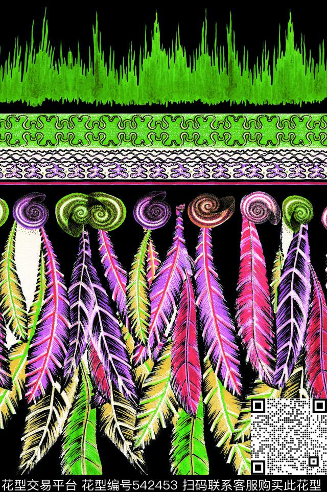 优雅时尚羽毛彩螺羽毛数码印花华亿平台下载（图片编号: 542453） - 瓦栏（Walan）