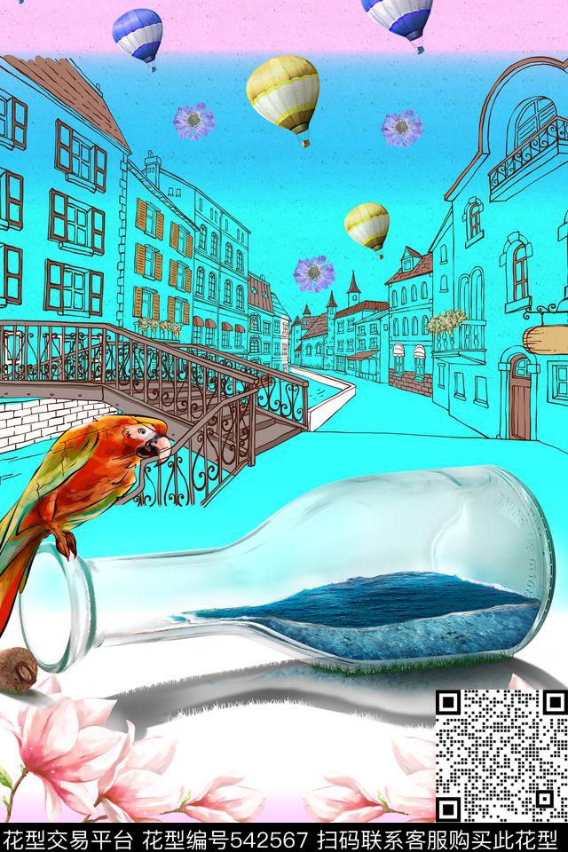 流行时尚手绘街景鹦鹉数码印花华亿平台下载（图片编号: 542567） - 瓦栏（Walan）