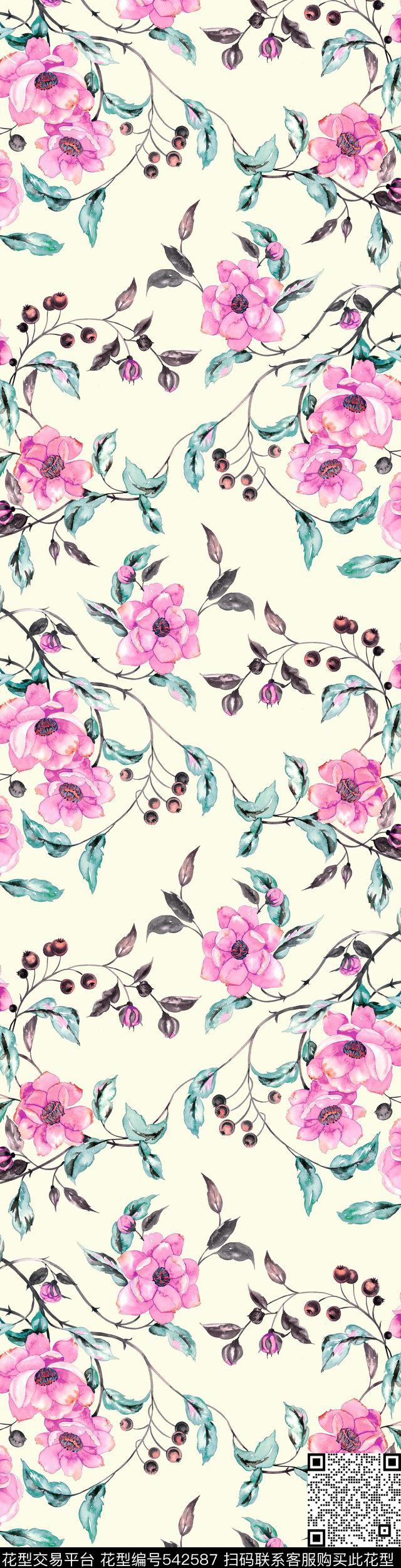缠枝花卉原创手绘水彩晕染数码印花华亿平台下载（图片编号: 542587） - 瓦栏（Walan）