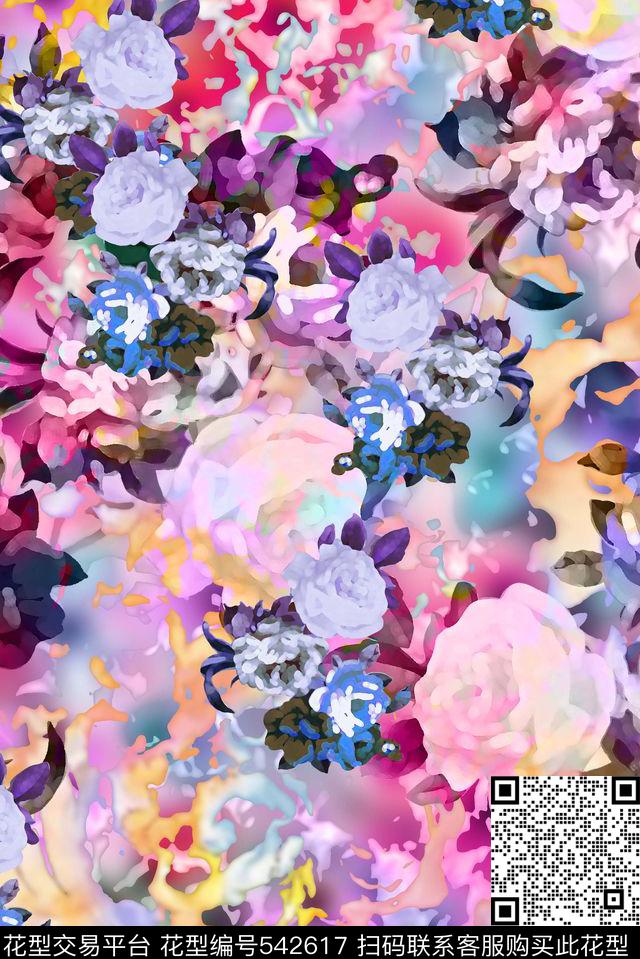 欧美大气风抽象花朵炫彩时尚数码印花华亿平台下载（图片编号: 542617） - 瓦栏（Walan）