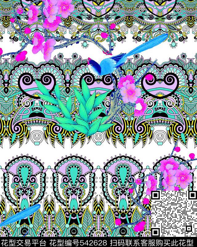 时尚佩斯利工笔画花鸟数码印花华亿平台下载（图片编号: 542628） - 瓦栏（Walan）