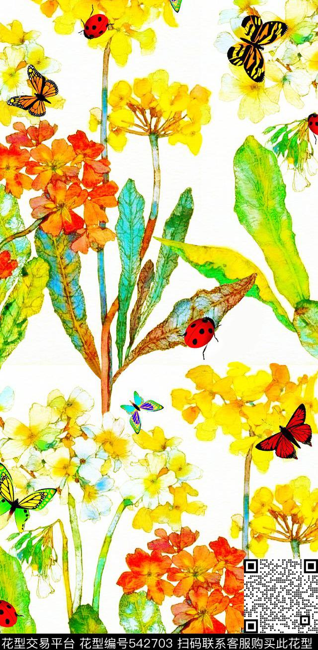 抽象手绘画卉蝴蝶数码印花华亿平台下载（图片编号: 542703） - 瓦栏（Walan）