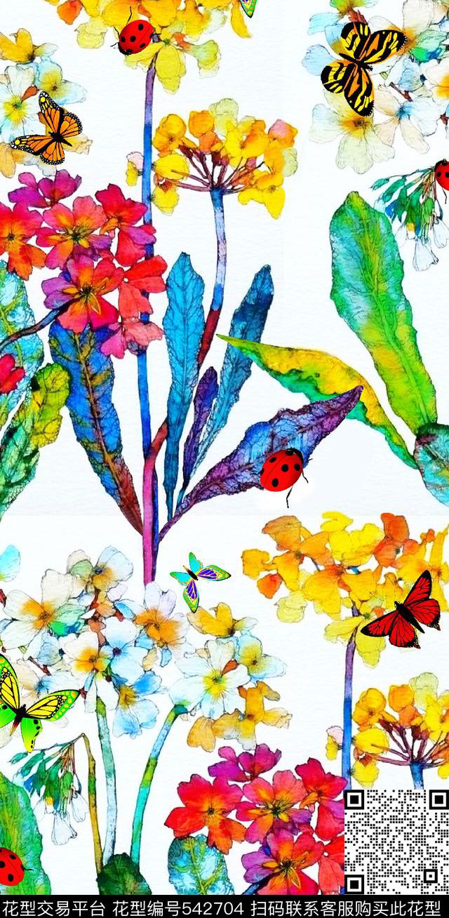 抽象手绘画卉蝴蝶数码印花华亿平台下载（图片编号: 542704） - 瓦栏（Walan）