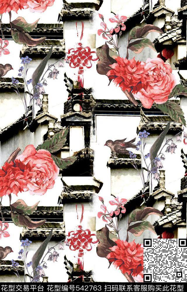 中国风徵派房子手绘花鸟数码印花华亿平台下载（图片编号: 542763） - 瓦栏（Walan）