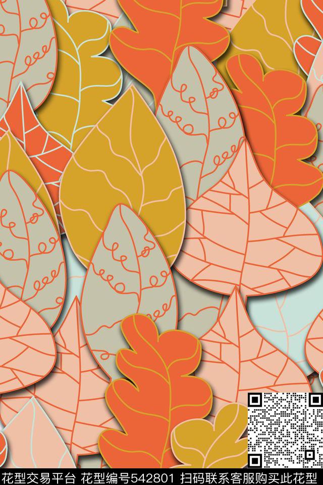 叶子抽象简笔画数码印花华亿平台下载（图片编号: 542801） - 瓦栏（Walan）