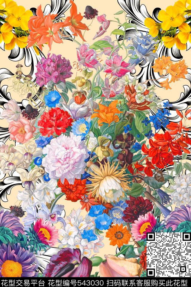 MAX-定位欧美民族风欧式宫廷风复古欧式油画几何手绘雏菊数码印花华亿平台下载（图片编号: 543030） - 瓦栏（Walan）