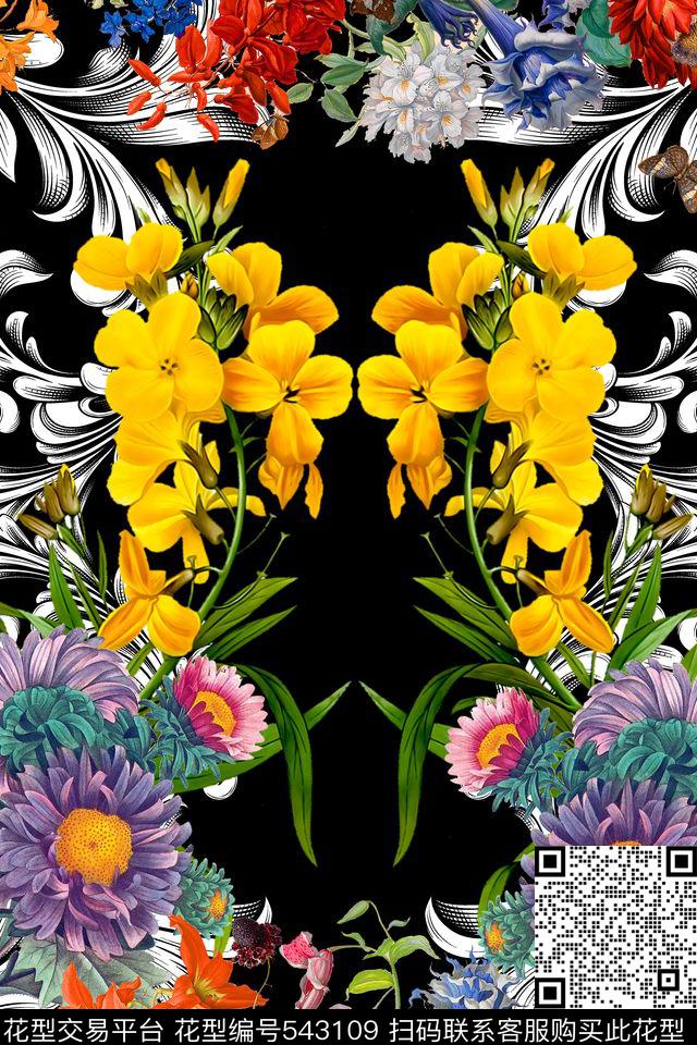 MAX-定位欧美民族风欧式田园风手绘花卉几何左右对称数码印花华亿平台下载（图片编号: 543109） - 瓦栏（Walan）