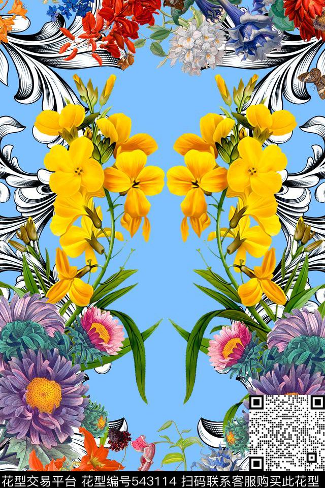 MAX-定位欧美民族风欧式田园风手绘花卉几何左右对称数码印花华亿平台下载（图片编号: 543114） - 瓦栏（Walan）