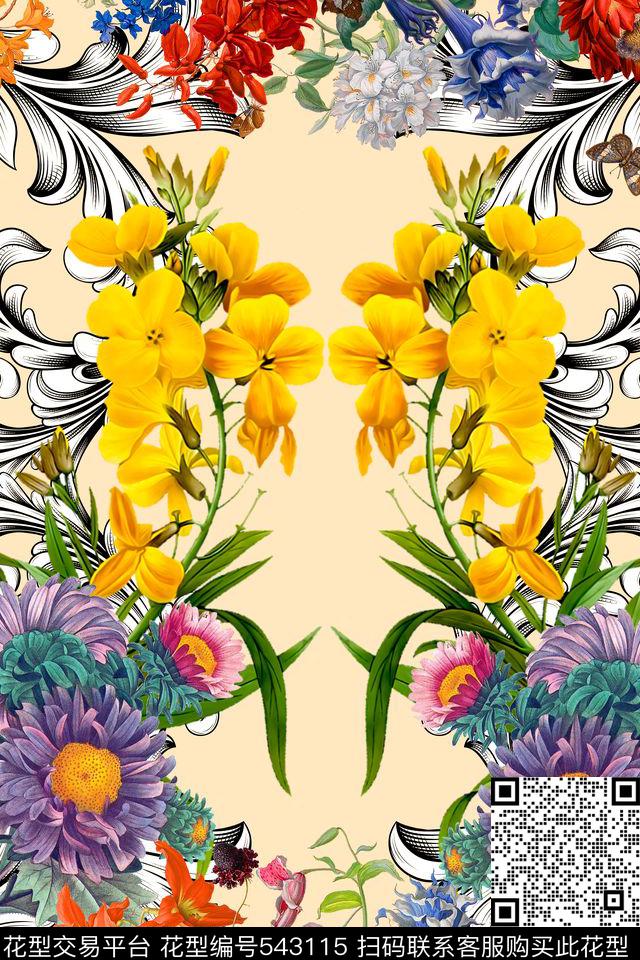 MAX-定位欧美民族风欧式田园风手绘花卉几何左右对称数码印花华亿平台下载（图片编号: 543115） - 瓦栏（Walan）