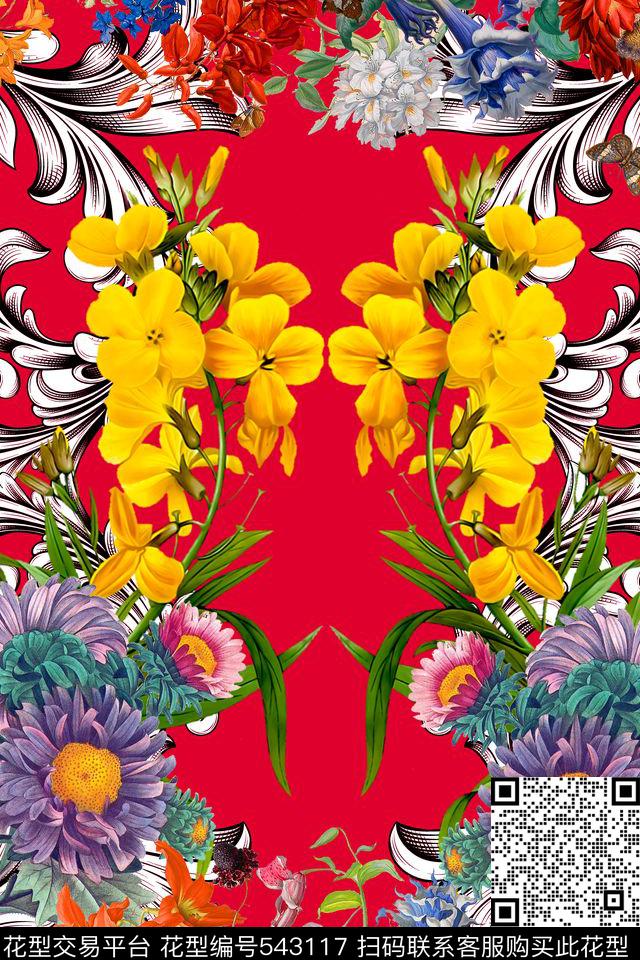 MAX-定位欧美民族风欧式田园风手绘花卉几何左右对称数码印花华亿平台下载（图片编号: 543117） - 瓦栏（Walan）
