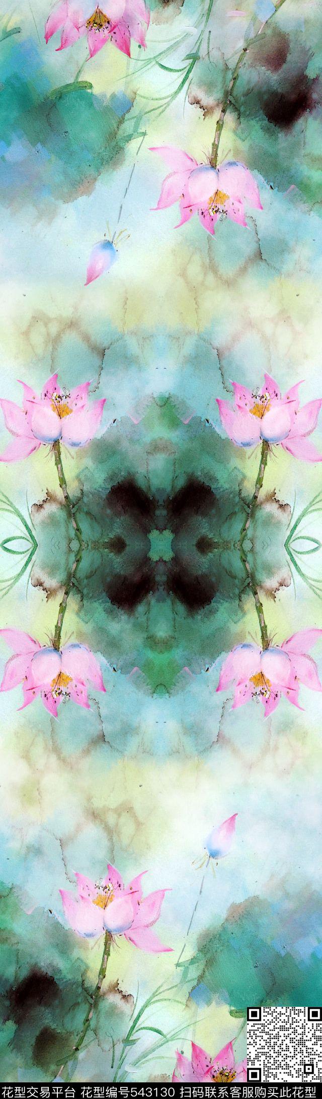 荷花荷塘水墨数码印花华亿平台下载（图片编号: 543130） - 瓦栏（Walan）