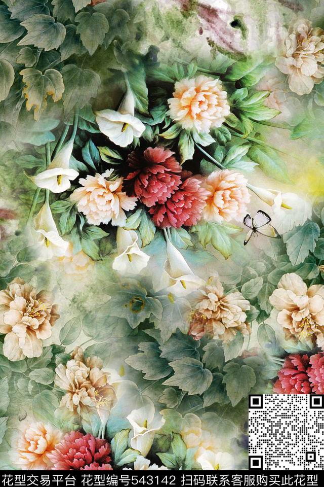 牡丹花国画水彩花卉雪纺华亿平台数码印花华亿平台下载（图片编号: 543142） - 瓦栏（Walan）