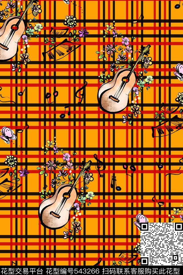流行时尚潮流卡通格子花卉吉他插画组合童装服装流行时尚潮流卡通格子音符花卉吉他插画组合童装服装卡通传统印花华亿平台下载（图片编号: 543266） - 瓦栏（Walan）