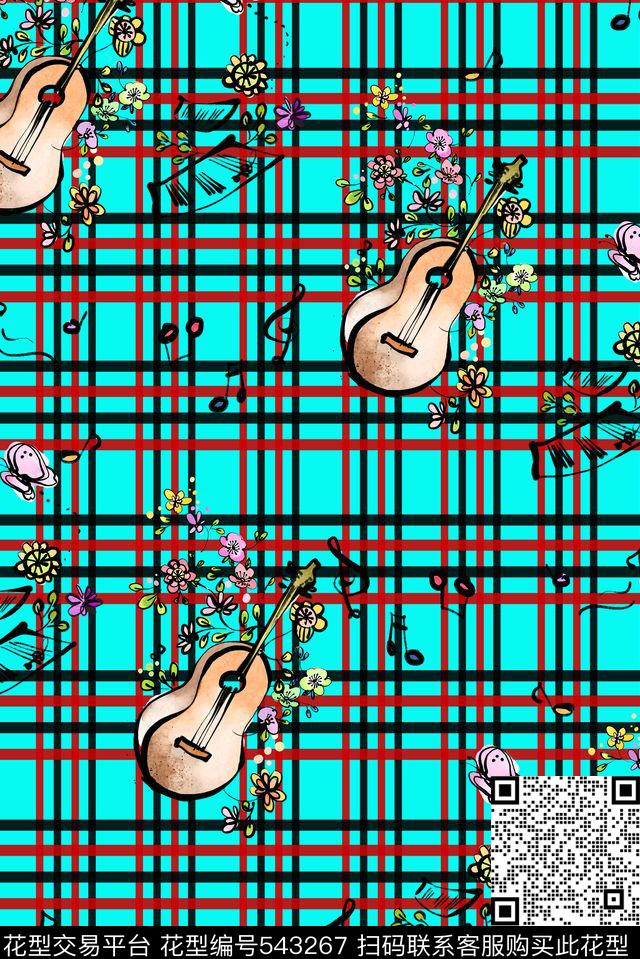 流行时尚潮流卡通格子花卉吉他插画组合童装服装流行时尚潮流卡通格子音符花卉吉他插画组合童装服装卡通传统印花华亿平台下载（图片编号: 543267） - 瓦栏（Walan）