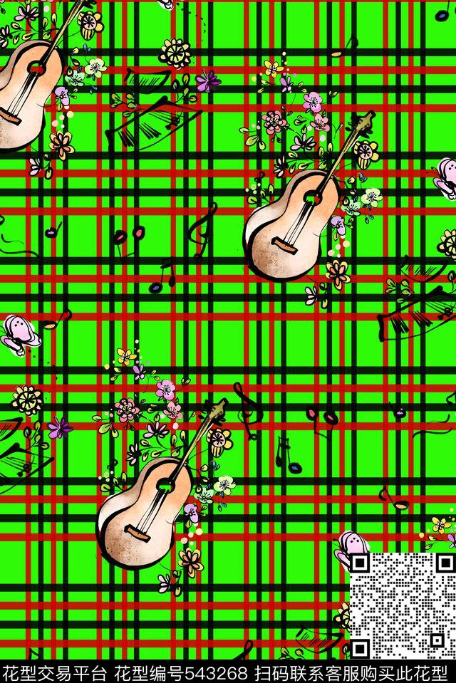 流行时尚潮流卡通格子花卉吉他插画组合童装服装流行时尚潮流卡通格子音符花卉吉他插画组合童装服装卡通传统印花华亿平台下载（图片编号: 543268） - 瓦栏（Walan）