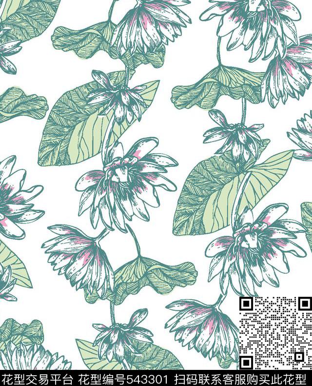 荷花荷叶花卉传统印花华亿平台下载（图片编号: 543301） - 瓦栏（Walan）