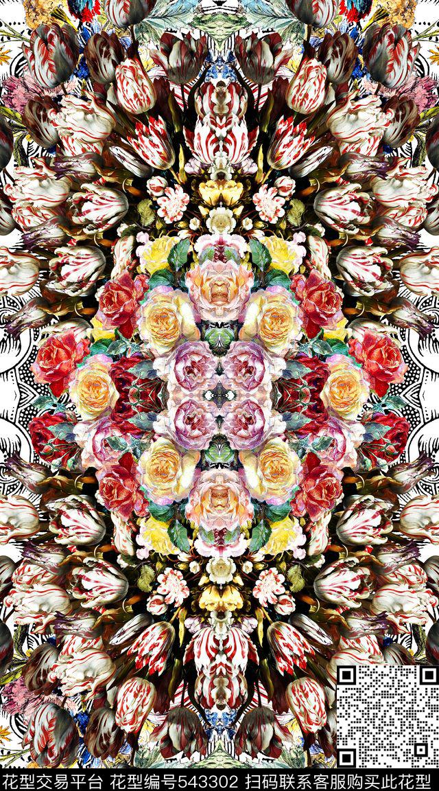 百花盛开波点创意数码印花华亿平台下载（图片编号: 543302） - 瓦栏（Walan）