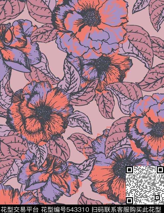 花卉树叶服装传统印花华亿平台下载（图片编号: 543310） - 瓦栏（Walan）