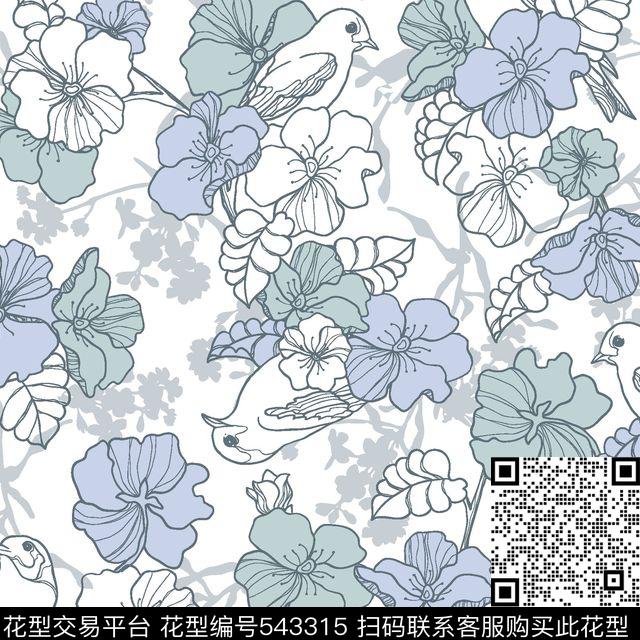 鸽子花卉树叶传统印花华亿平台下载（图片编号: 543315） - 瓦栏（Walan）
