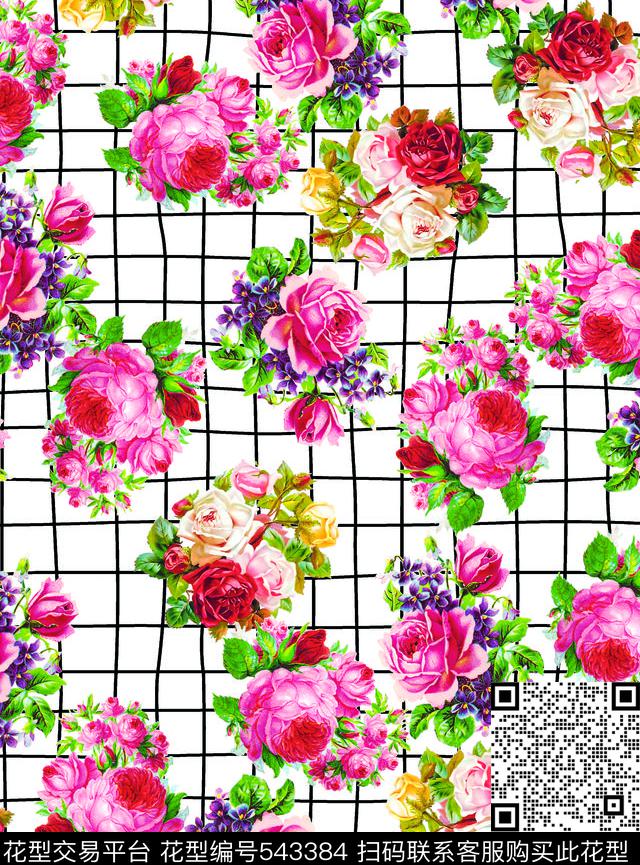 彩色鲜花横竖条传统印花华亿平台下载（图片编号: 543384） - 瓦栏（Walan）