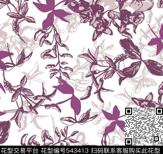 花卉叶子服装传统印花华亿平台下载（图片编号: 543413） - 瓦栏（Walan）
