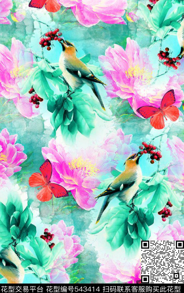 抽象中国风手绘花鸟数码印花华亿平台下载（图片编号: 543414） - 瓦栏（Walan）