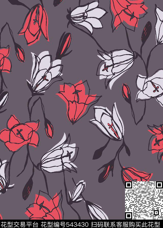 百合花线条服装传统印花华亿平台下载（图片编号: 543430） - 瓦栏（Walan）