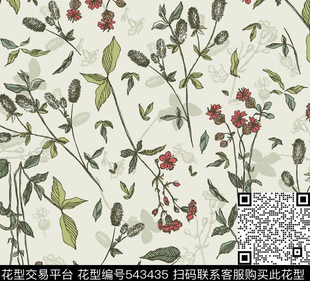 叶子花朵线条传统印花华亿平台下载（图片编号: 543435） - 瓦栏（Walan）