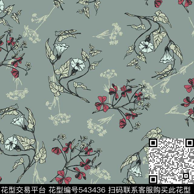 喇叭花叶子服装传统印花华亿平台下载（图片编号: 543436） - 瓦栏（Walan）