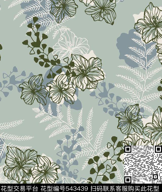花朵叶子线条传统印花华亿平台下载（图片编号: 543439） - 瓦栏（Walan）