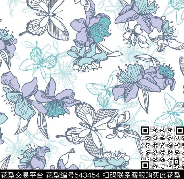 蝴蝶花朵线条传统印花华亿平台下载（图片编号: 543454） - 瓦栏（Walan）