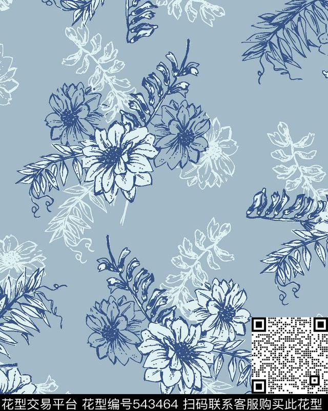 花朵叶子线条传统印花华亿平台下载（图片编号: 543464） - 瓦栏（Walan）