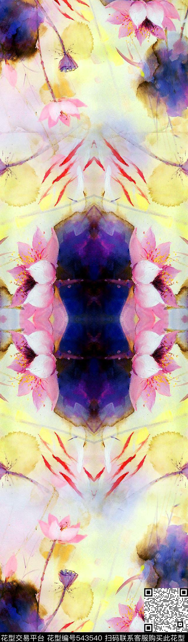 淡彩荷花水墨数码印花华亿平台下载（图片编号: 543540） - 瓦栏（Walan）