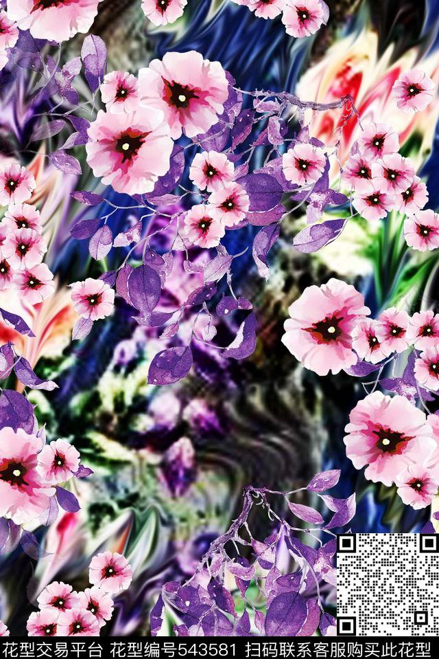 欧美大气花朵清新抽象数码印花华亿平台下载（图片编号: 543581） - 瓦栏（Walan）