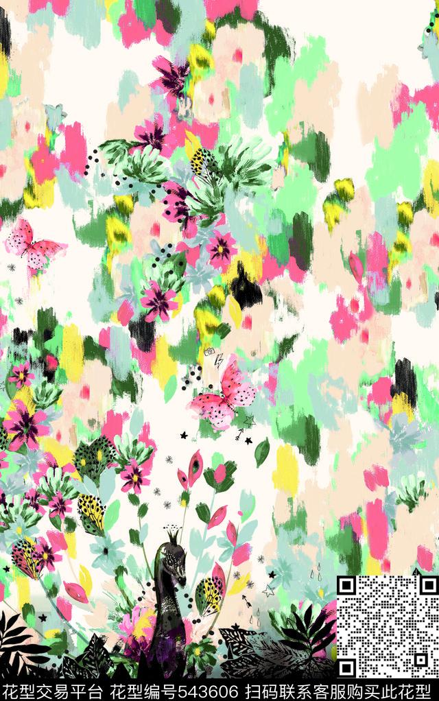 抽象花卉孔雀花手绘花卉数码印花华亿平台下载（图片编号: 543606） - 瓦栏（Walan）