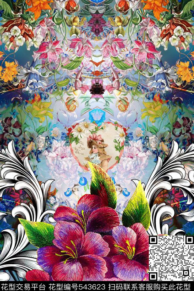 MAX-定位欧美民族风手绘复古油画刺绣花卉深海颜色数码印花华亿平台下载（图片编号: 543623） - 瓦栏（Walan）