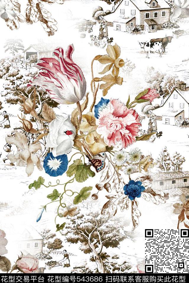 时尚花卉线描风景数码印花华亿平台下载（图片编号: 543686） - 瓦栏（Walan）