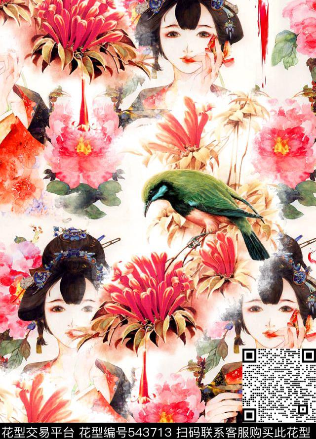 抽象中国风人物像数码印花华亿平台下载（图片编号: 543713） - 瓦栏（Walan）