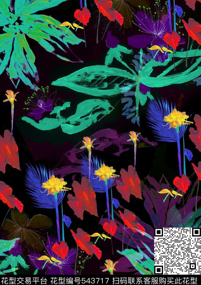 热带女装森林植物花卉森林数码印花华亿平台下载（图片编号: 543717） - 瓦栏（Walan）