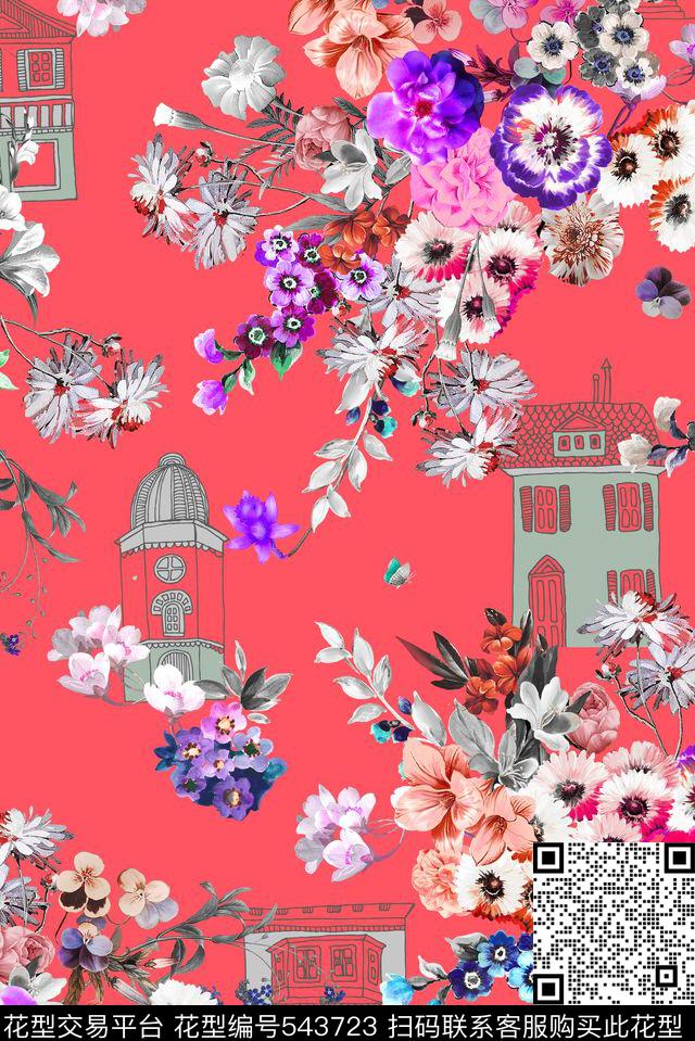 房子蝴蝶花卉数码印花华亿平台下载（图片编号: 543723） - 瓦栏（Walan）