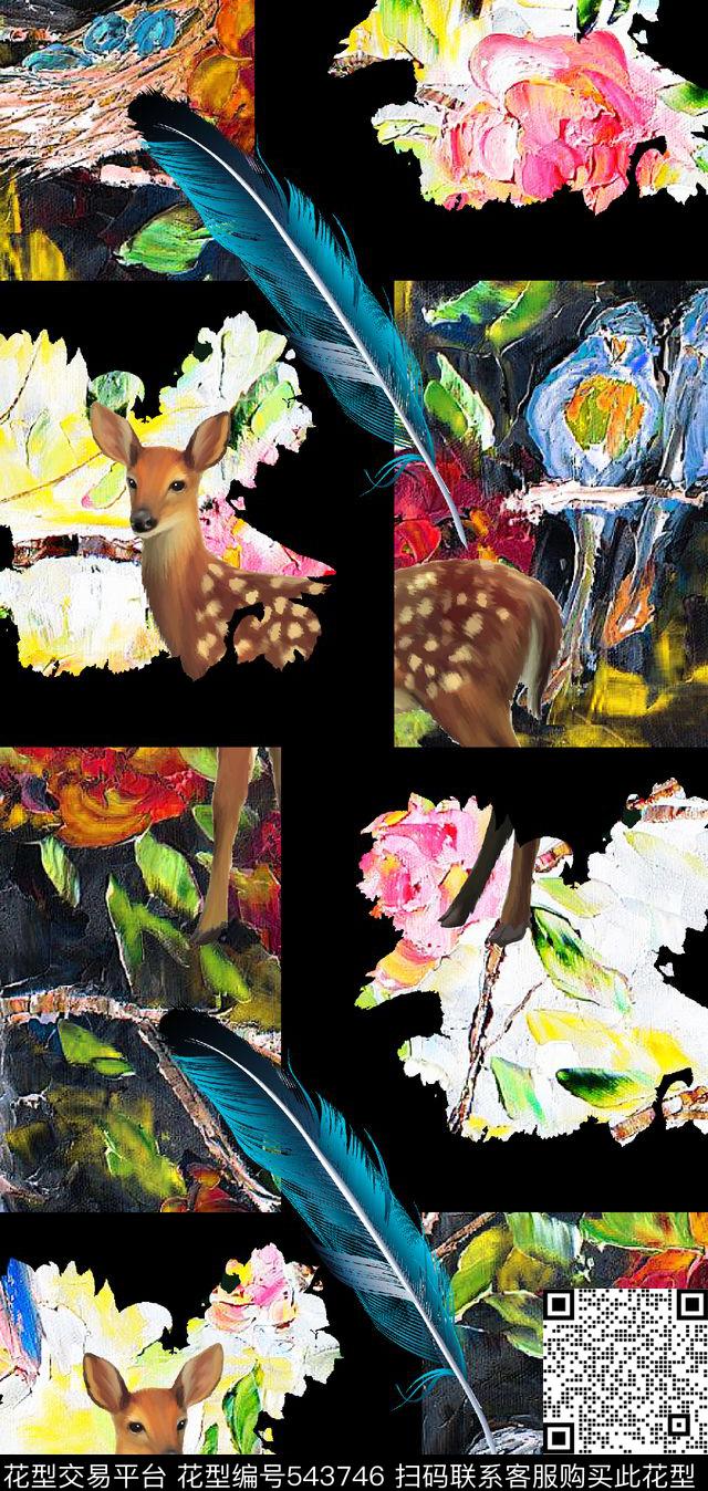 抽象潮流女装花花鸟动物数码印花华亿平台下载（图片编号: 543746） - 瓦栏（Walan）