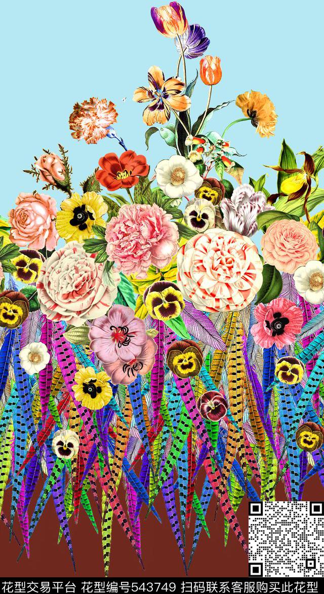 时尚羽毛花卉数码印花华亿平台下载（图片编号: 543749） - 瓦栏（Walan）