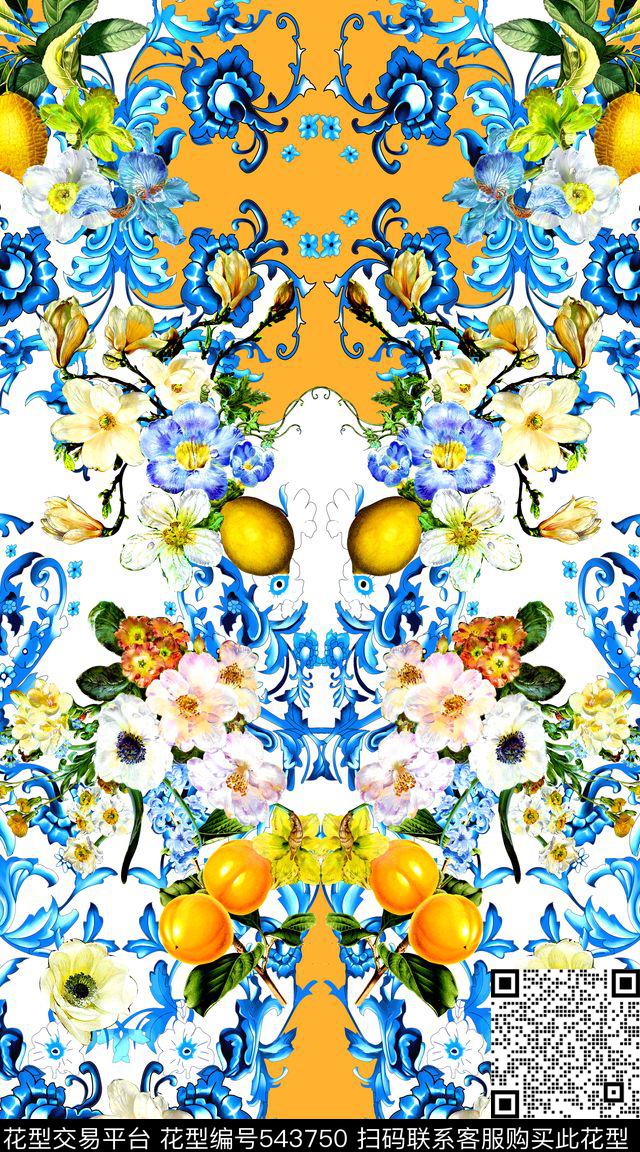 时尚青花瓷花卉数码印花华亿平台下载（图片编号: 543750） - 瓦栏（Walan）