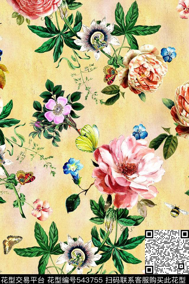 时尚手绘花卉数码印花华亿平台下载（图片编号: 543755） - 瓦栏（Walan）