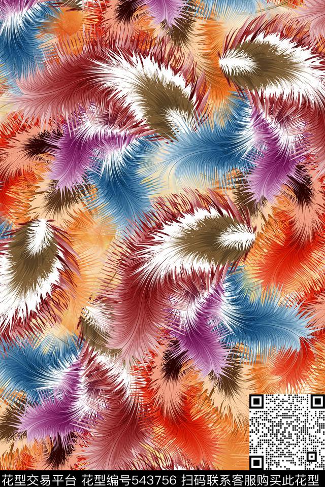 时尚羽毛衬衫裙子数码印花华亿平台下载（图片编号: 543756） - 瓦栏（Walan）