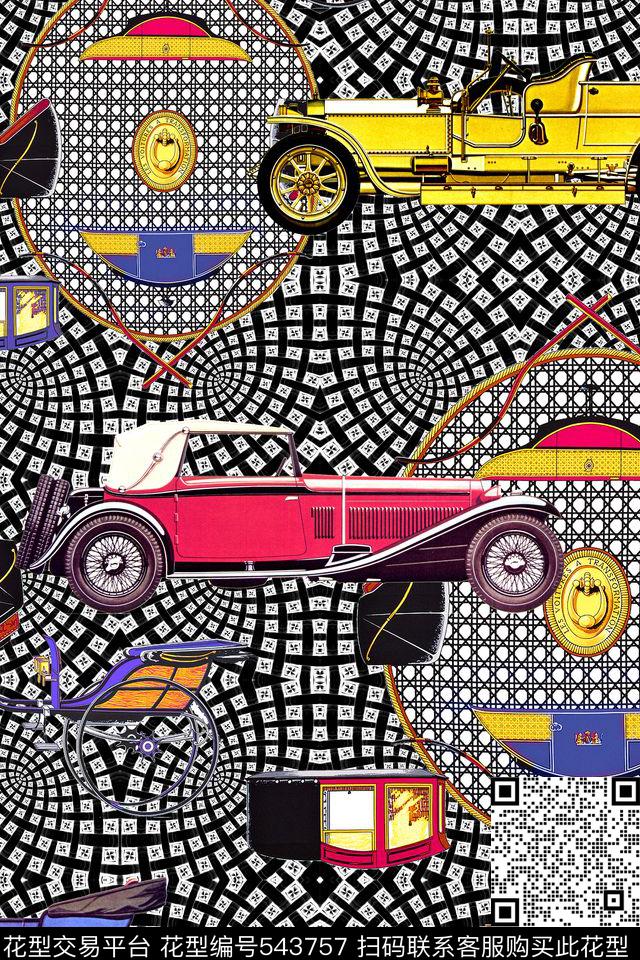 时尚老爷车几何格子数码印花华亿平台下载（图片编号: 543757） - 瓦栏（Walan）