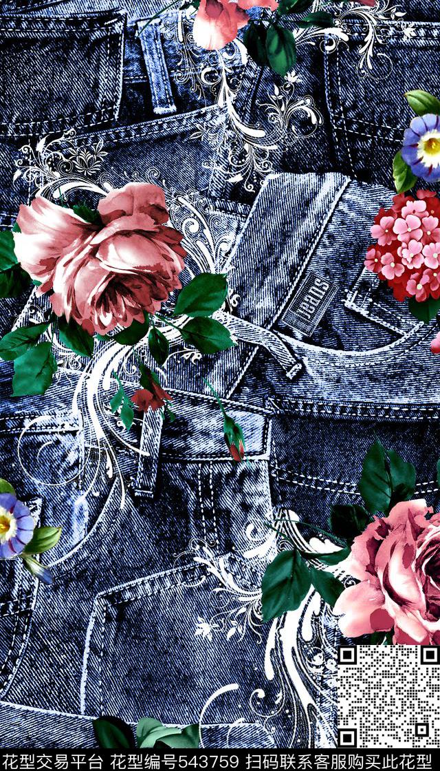 时尚牛仔布花卉数码印花华亿平台下载（图片编号: 543759） - 瓦栏（Walan）