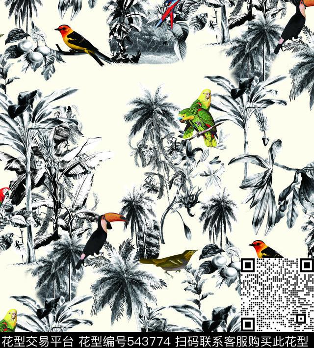 热带雨林树叶鹦鹉数码印花华亿平台下载（图片编号: 543774） - 瓦栏（Walan）